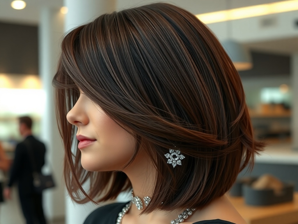 Sophisticated layered haircut with a sleek finish and stylish jewelry