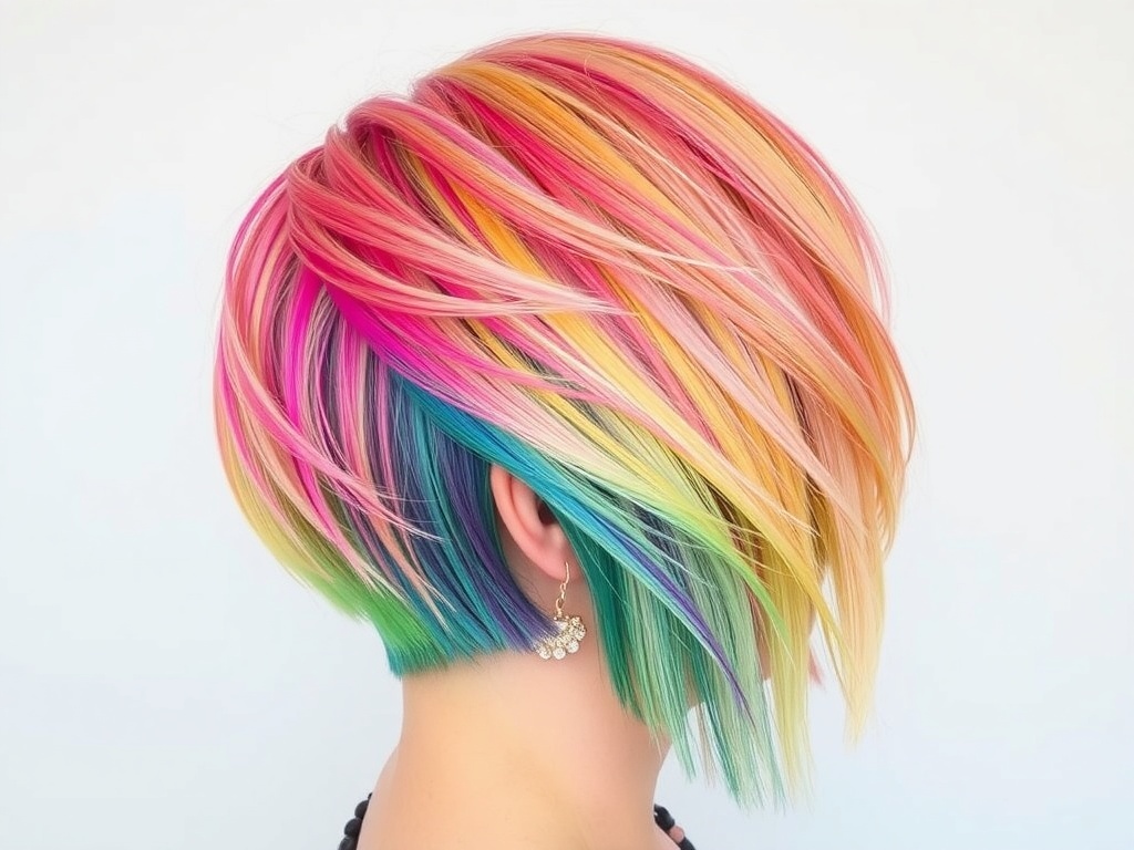 Vibrant layered haircut with ombre effect in various bright colors.