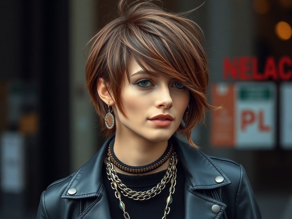 A chic modern shag hairstyle with wispy front pieces, showcasing a sophisticated look that is both playful and elegant.
