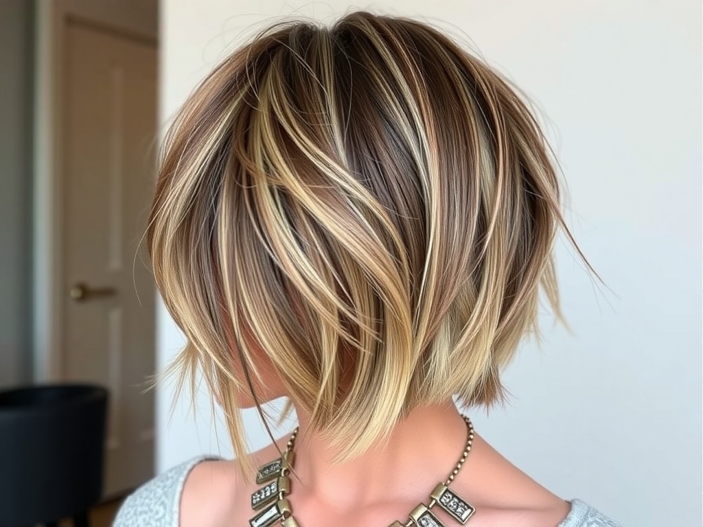 A stylish textured bob haircut with subtle highlights, showcasing layers and a trendy look.