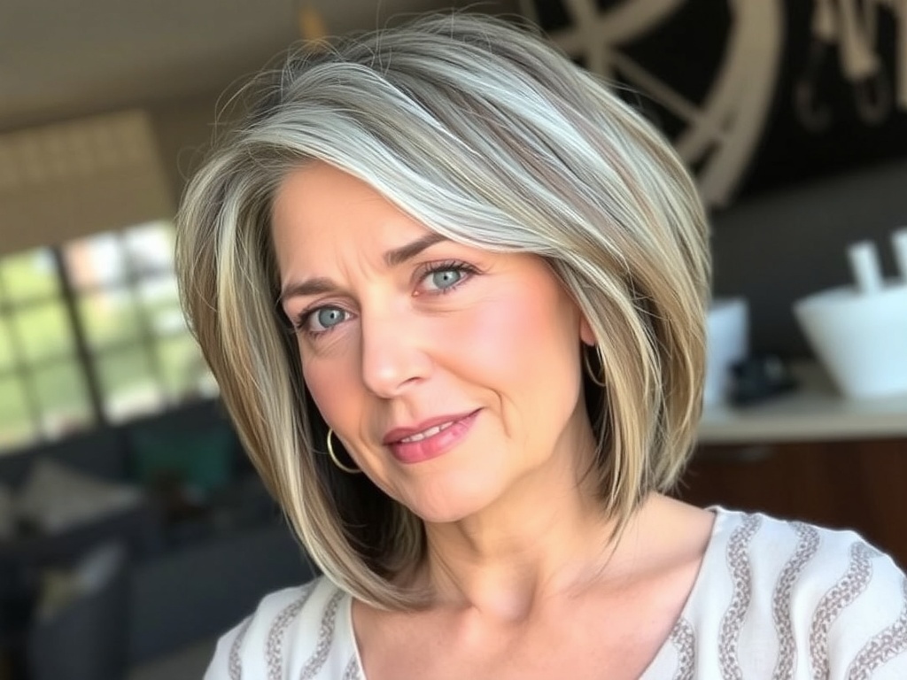 A stylish textured lob hairstyle with a side part, featuring balanced facial features and minimal jewelry.