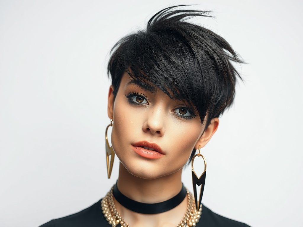 Edgy asymmetrical haircut with bold bangs and stylish jewelry.