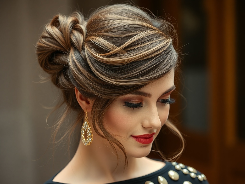 Elegant French Twist hairstyle with loose strands and fashionable jewelry