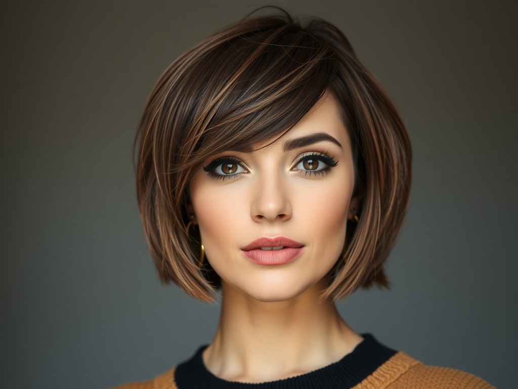 Sophisticated textured bob hairstyle with asymmetrical bangs.