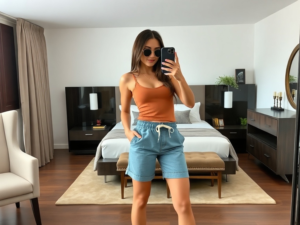 A fashion model taking a selfie in sporty denim jogger shorts and a tank top in a luxury bedroom setting.