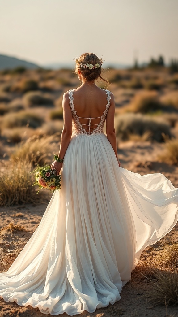 Elegant bride in a whimsical bohemian wedding dress with beautiful flowing fabric.