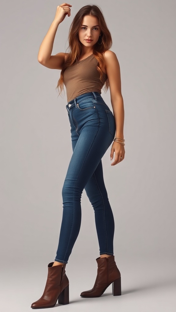 Fashionable hourglass figure model wearing high-waisted skinny jeans with ankle boots.