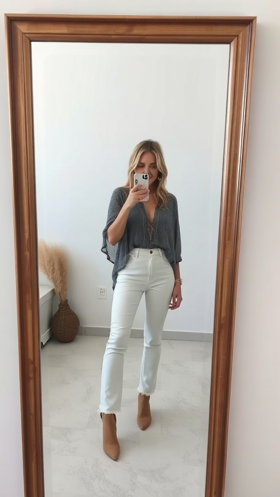 Fashion model wearing white jeans and a flowy top, taking a selfie in front of a mirror.