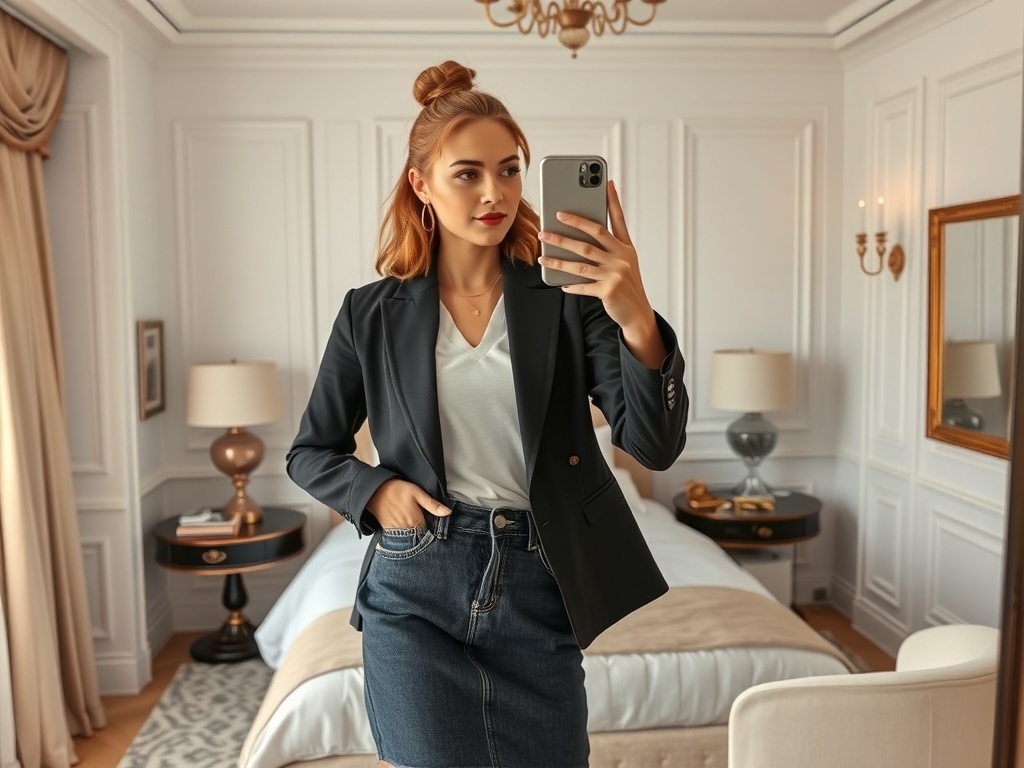 Fashion model taking a selfie in a pencil denim skirt and tailored blazer in a luxury bedroom.