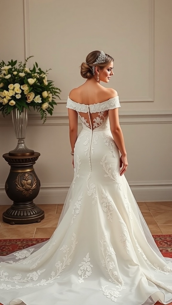 Elegant off-shoulder wedding dress with a grand train and simple jewelry worn by a bride.