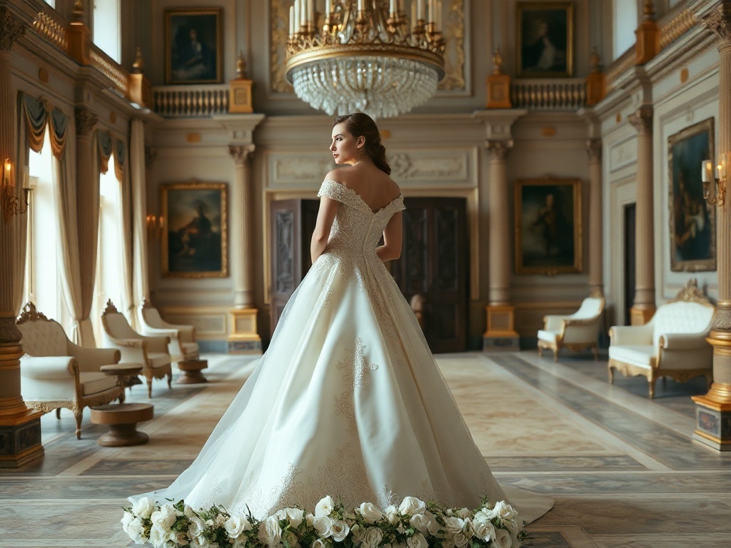 A bride in a vintage beige wedding dress showcasing an off-the-shoulder design, standing in a luxurious setting.
