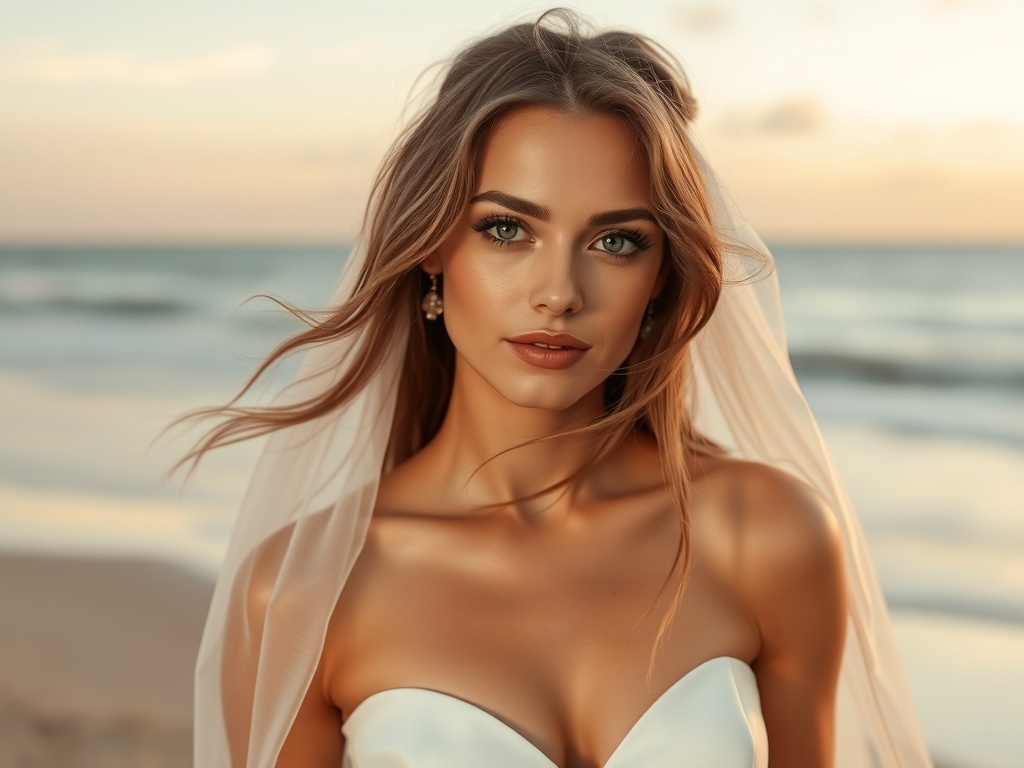 Bride with a simple silk veil and loose waves at sunset on the beach