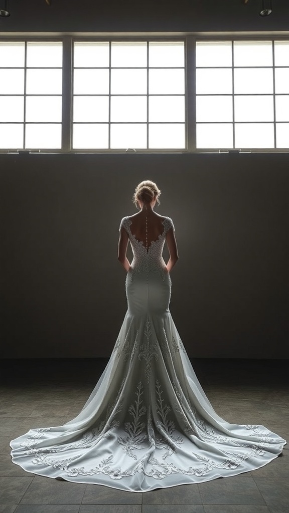 Elegant wedding dress featuring modern crystal embroidery and a flowing train.