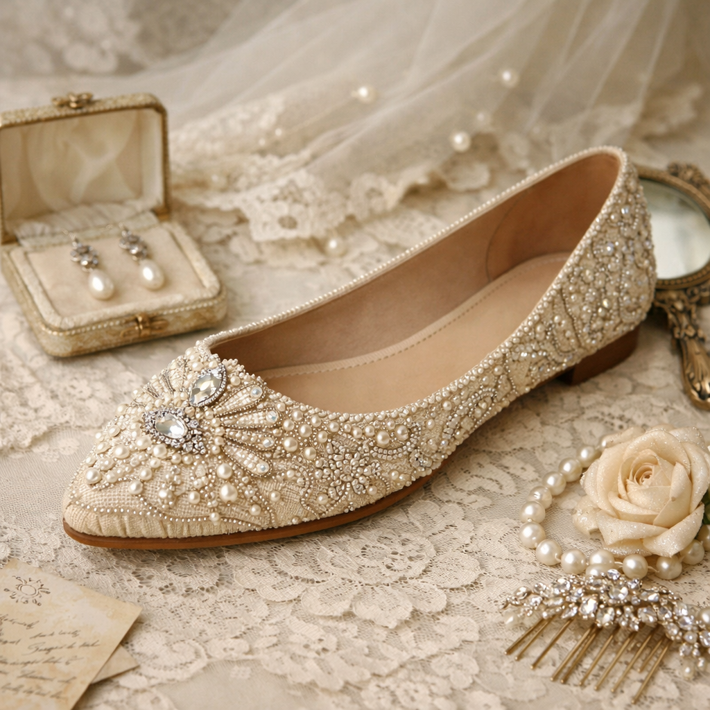 A vintage-inspired beaded flat wedding shoe on a lace background with flowers.