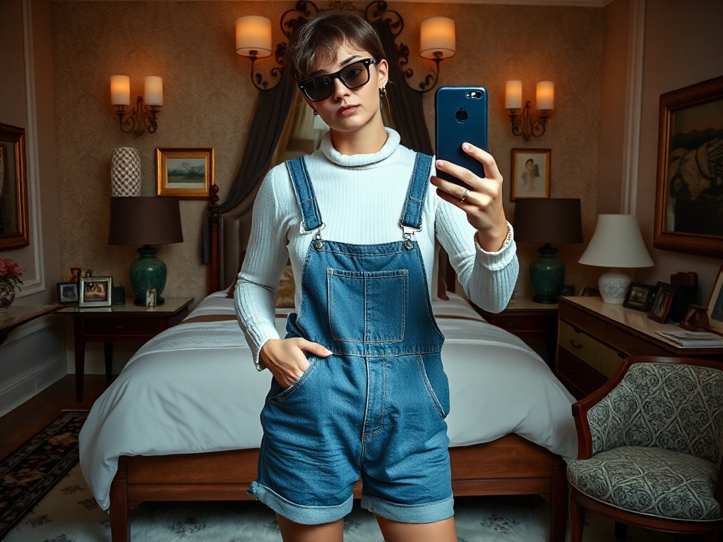 A fashion model wearing denim shortalls and sunglasses takes a selfie in a luxury bedroom.