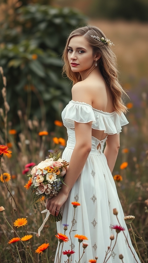 Bohemian off-shoulder wedding dress in a field of flowers.