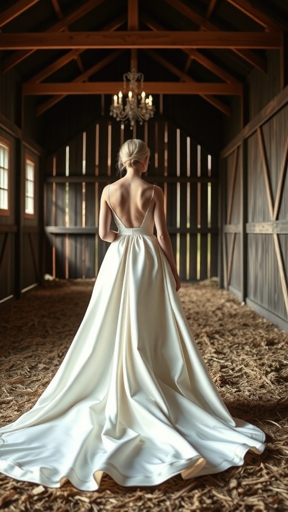 Elegant bride in a simple silk wedding gown with a long train standing in a rustic barn.