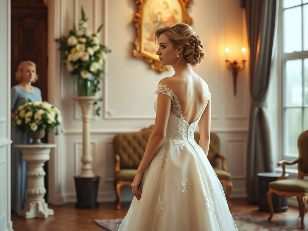 bride in a vintage style wedding dress with cap sleeves, turned away and showing the train of the dress