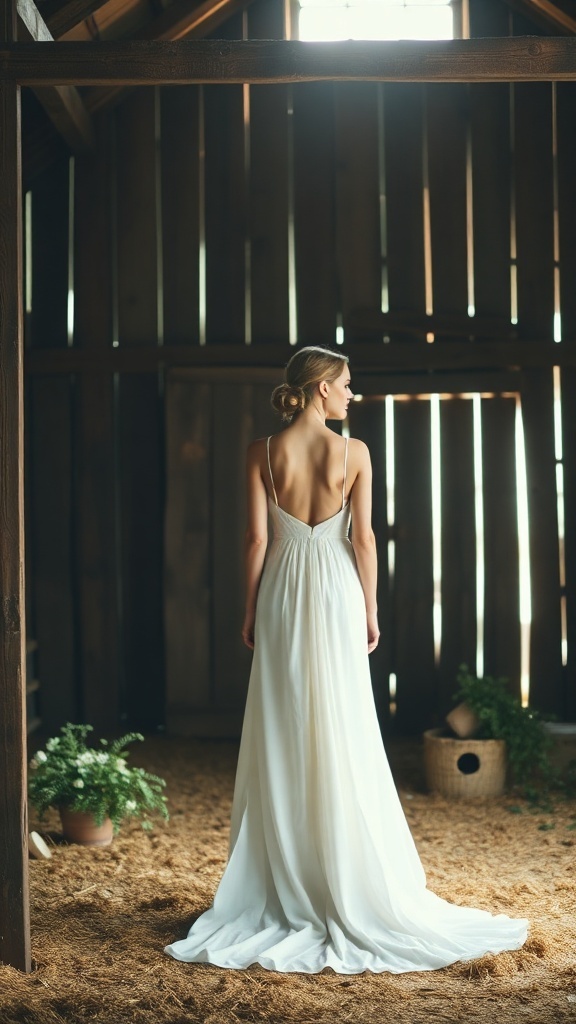 Elegant minimalist slip dress worn by bride in barn setting.