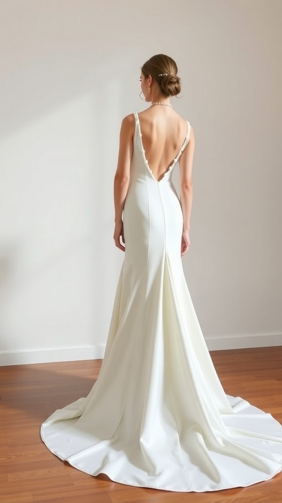 Elegant minimalist wedding dress with a chic train and simple jewelry.