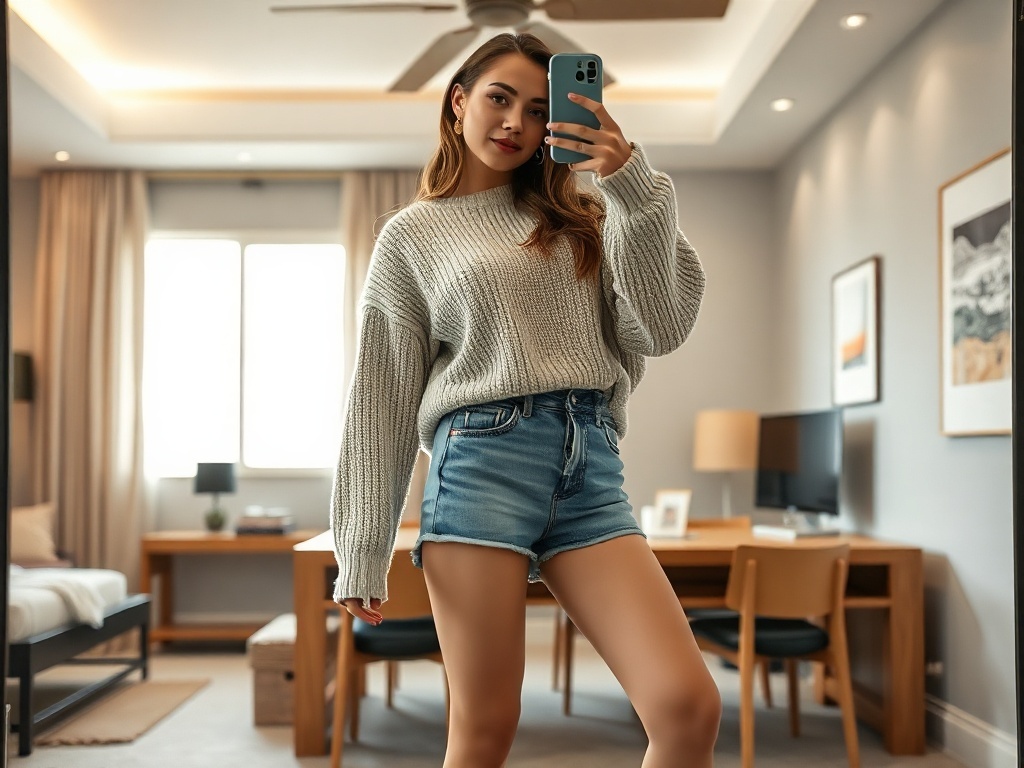 Fashion model taking a selfie in a cozy oversized sweater and classic denim skirt shorts in a luxury bedroom