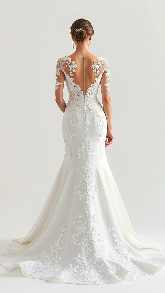 Elegant fit-and-flare wedding gown with beaded details and a dramatic train.