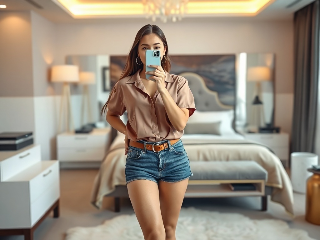 Fashion model taking a selfie in belted denim shorts and a button-up shirt in a luxury bedroom