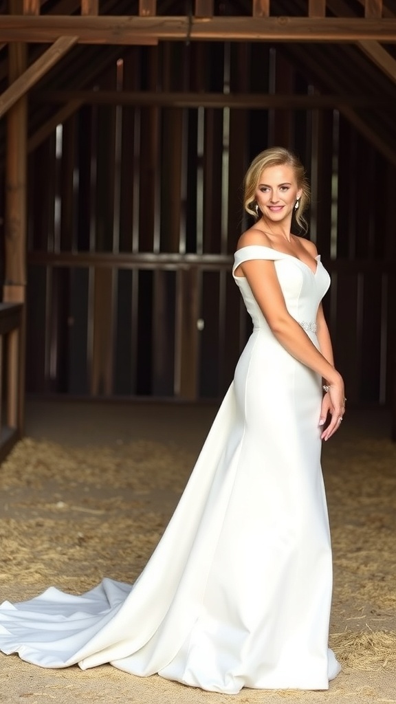 Elegant bride in a chic cap sleeve gown with simple jewelry at a barn wedding