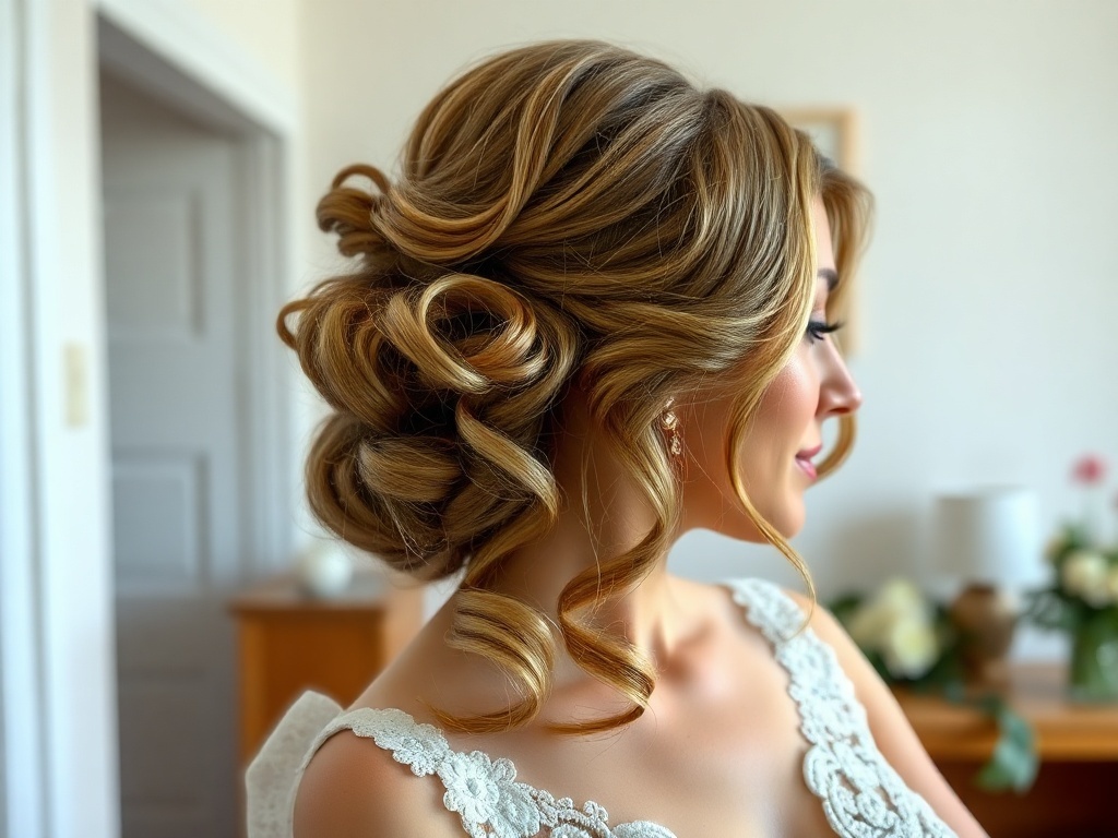 A bridal hairstyle featuring a romantic down do with soft curls.