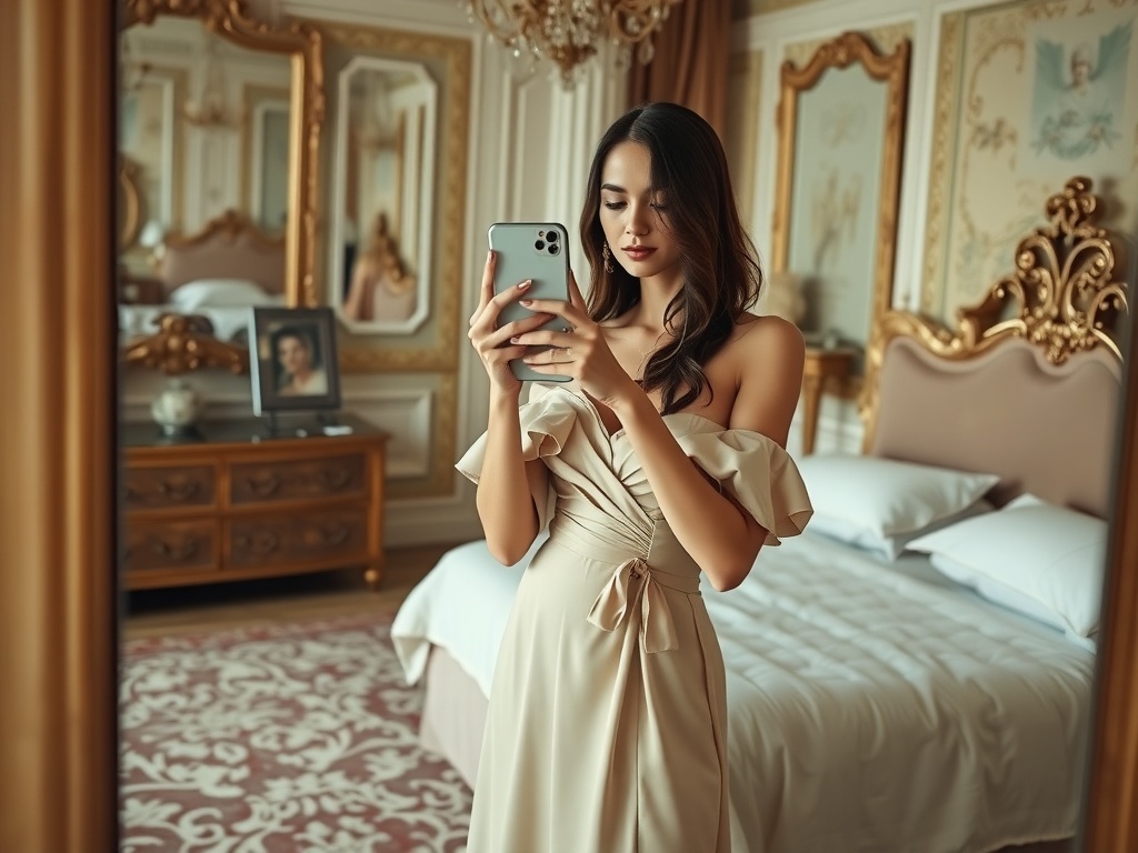 Fashion model in an elegant off-shoulder little beige dress taking a selfie in a luxury bedroom.