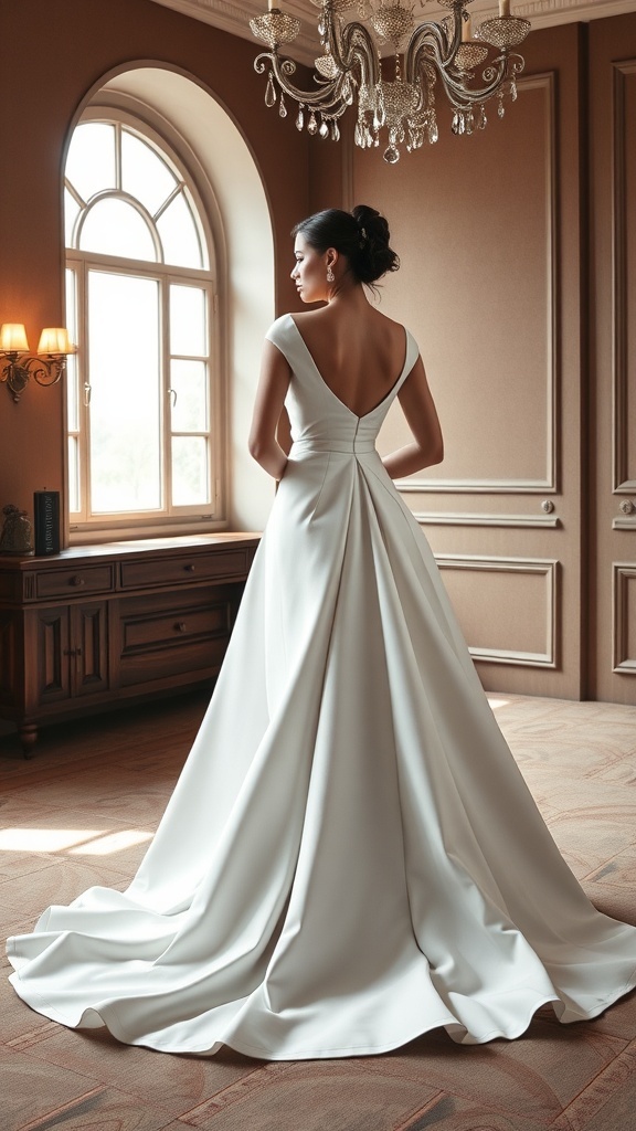 Elegant high-neck wedding dress with a grand train.