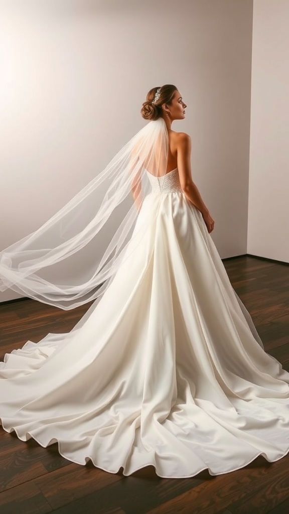 Elegant wedding dress with a flowing train.