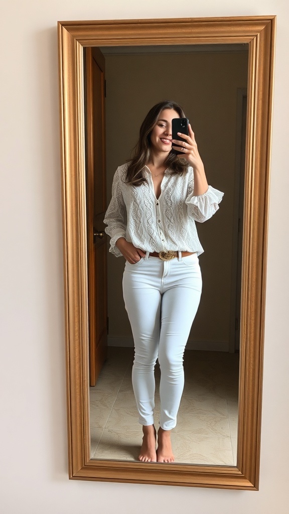 Model taking a selfie in a lace blouse and white jeans
