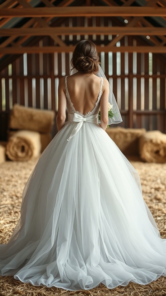 Elegant bridal dress featuring a romantic tulle skirt, simple jewelry, and a barn setting.