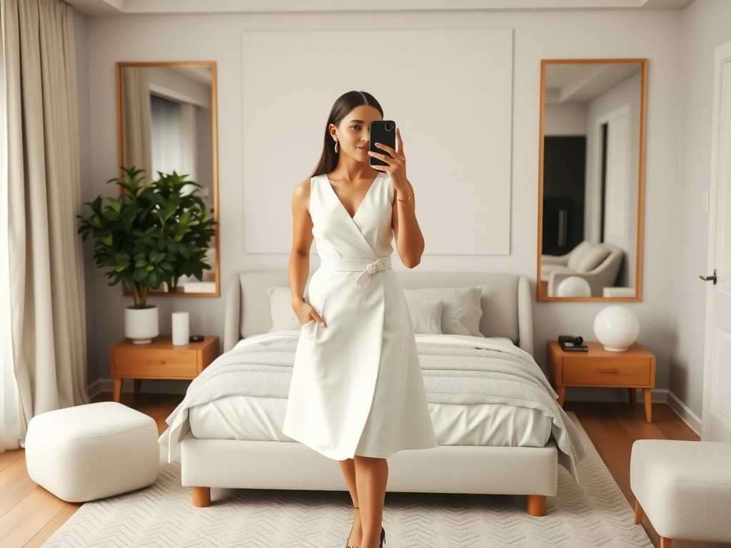 A fashion model in a minimalist A-line white dress taking a selfie in a luxury bedroom.
