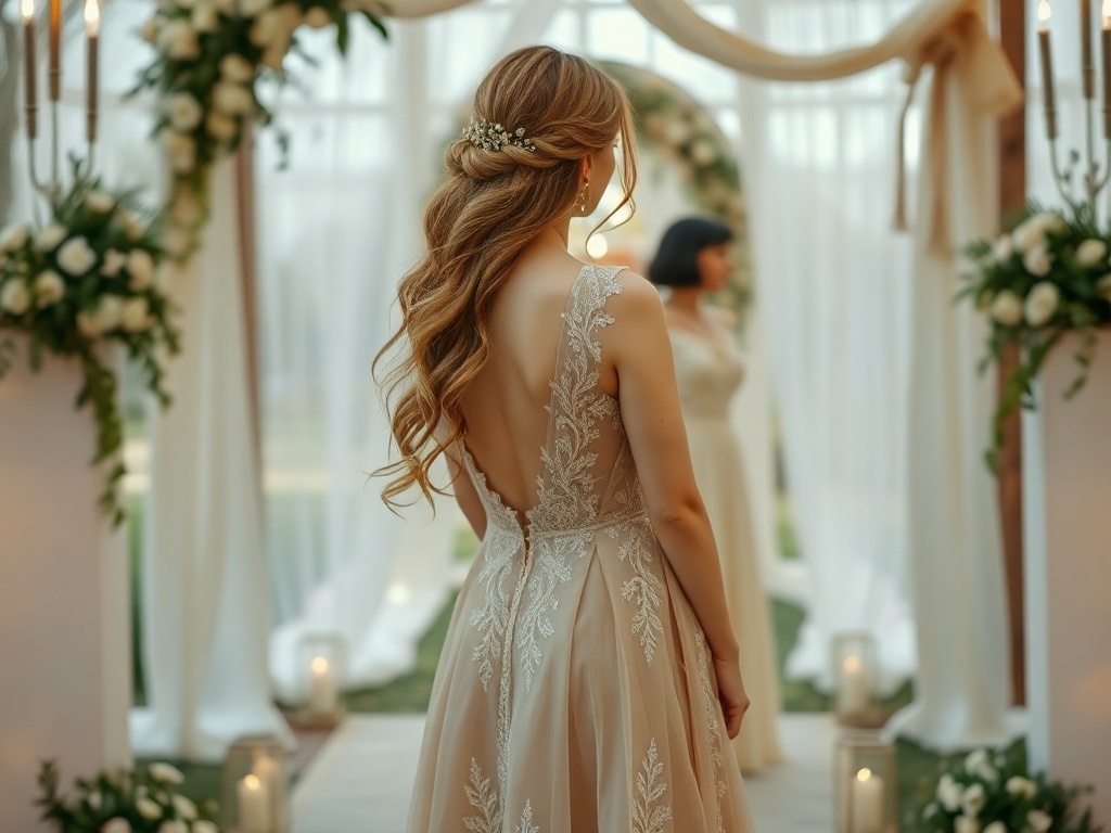 A bride in a beige vintage wedding dress with intricate detailing, looking away shyly in a luxury wedding backdrop.