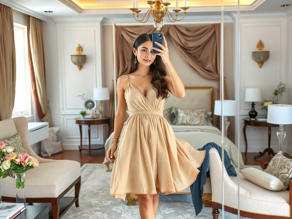 A fashion model in a flowing beige chiffon dress taking a selfie in front of a mirror in a luxury bedroom.