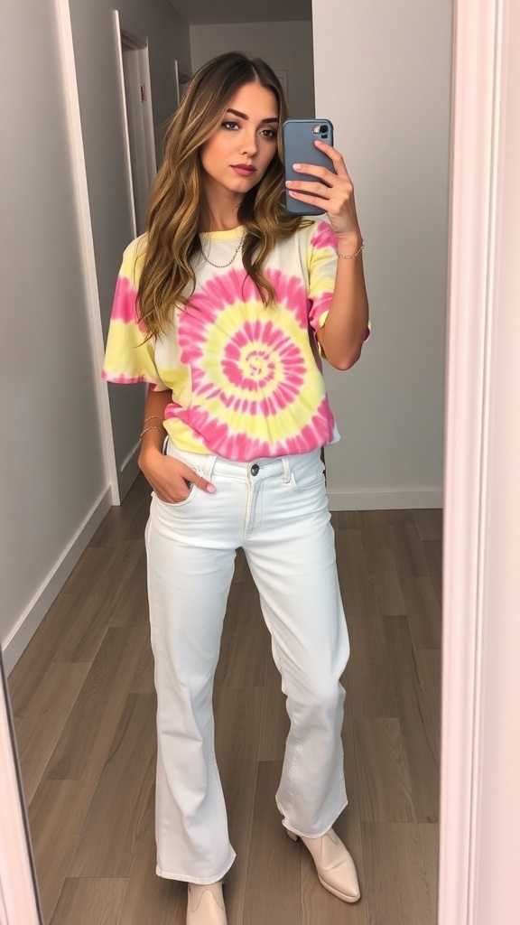 A fashion model taking a selfie in front of a mirror, wearing white jeans and a graphic tee.