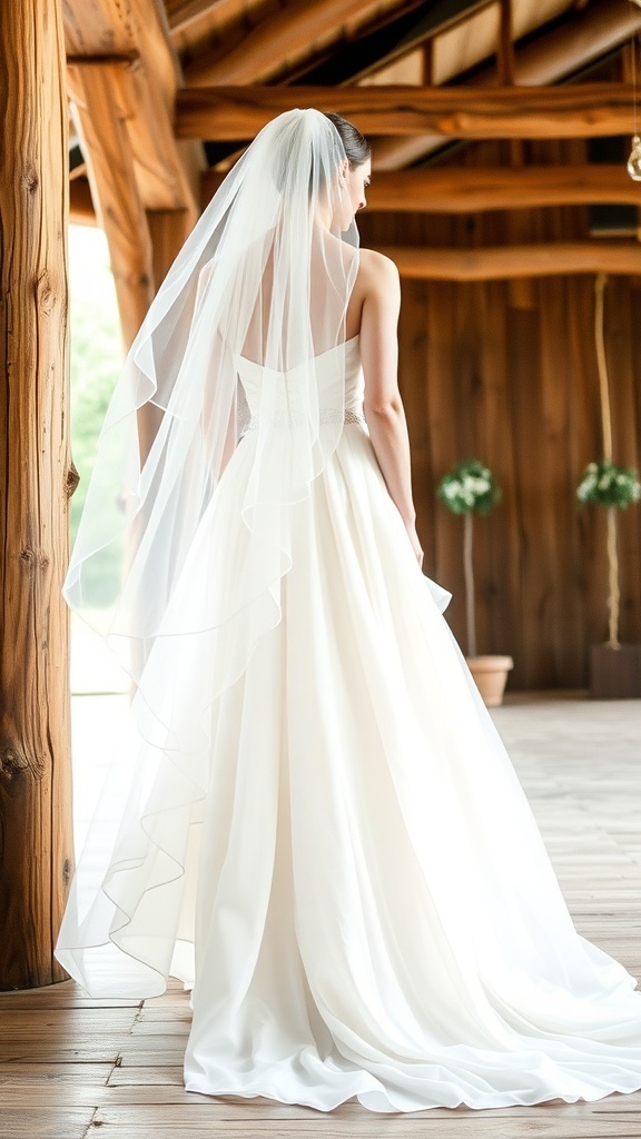 Elegant bride in a flowy chiffon wedding dress with ruffles and veil.