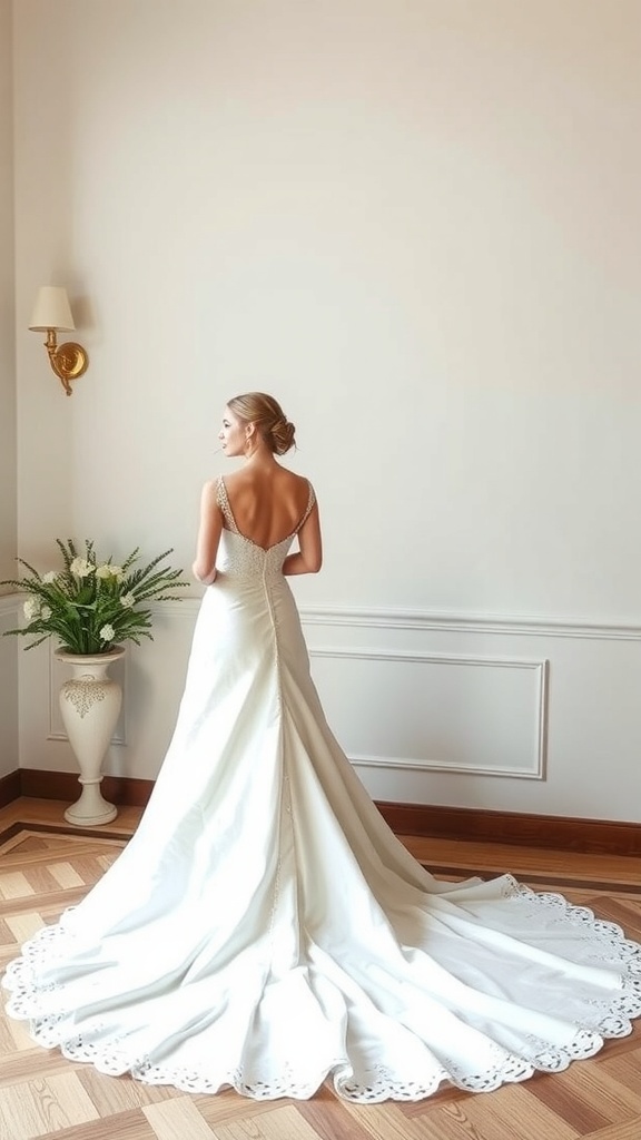 A-line wedding dress with grand train and elegant bridal details