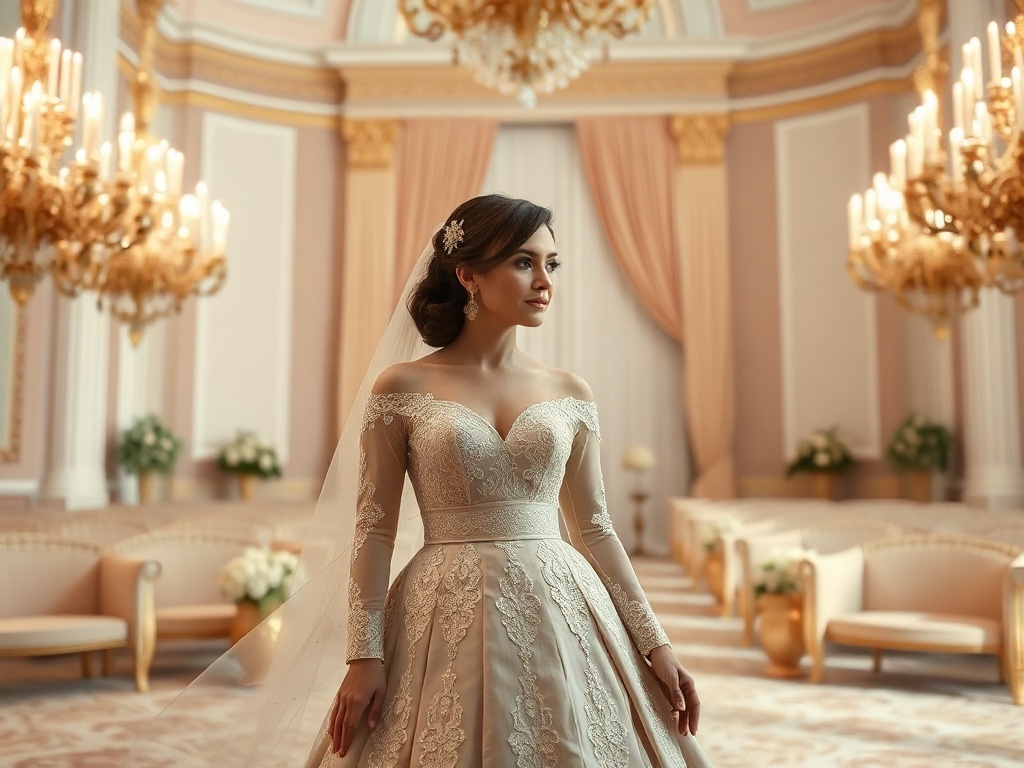A bride in a vintage style beige wedding dress with delicate embroidery, looking slightly shy in a luxury wedding venue.
