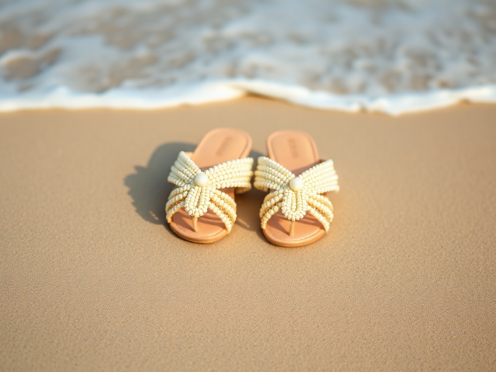 Colorful beaded sandals on the beach sand with gentle waves in the background.