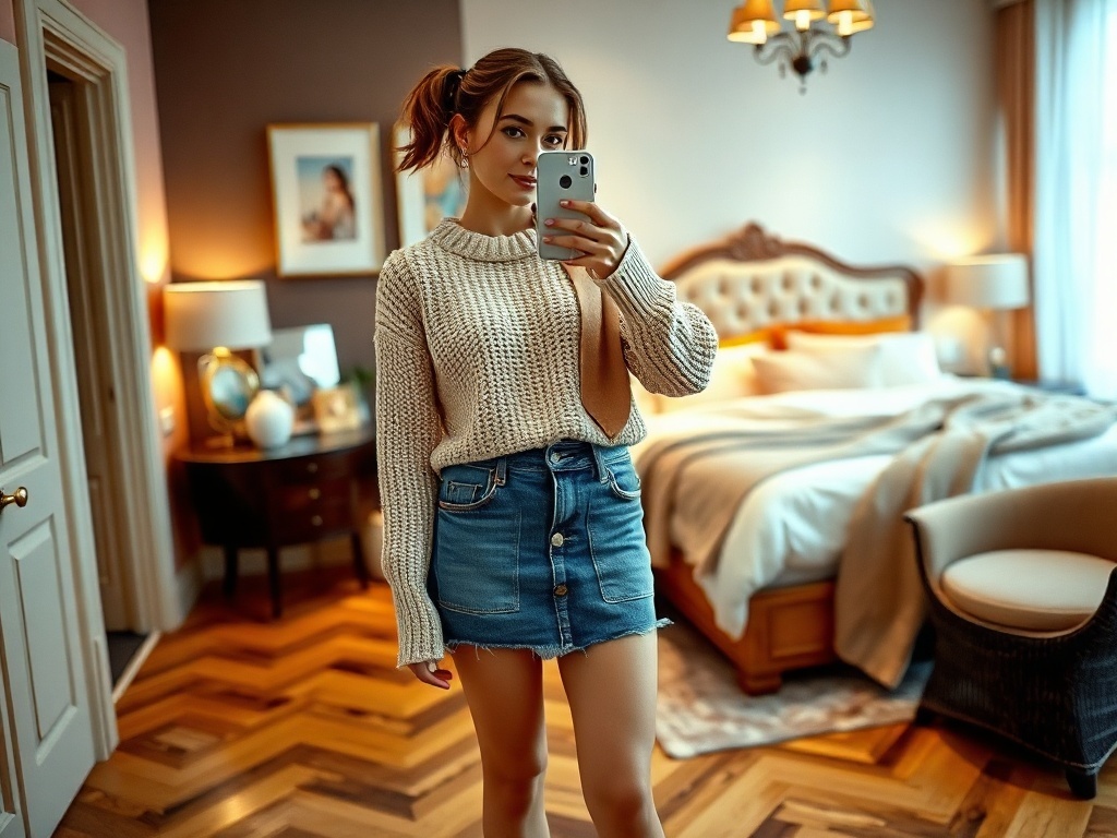 A fashion model takes a selfie in a cozy bedroom, wearing a patchwork denim skirt and knit sweater.