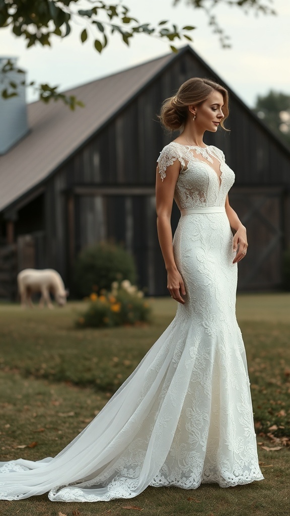 Elegant bride in a floral lace mermaid dress outdoors