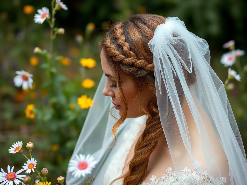 Back view of a bride with a tulle veil and braided hair, featuring flowers in her hair.