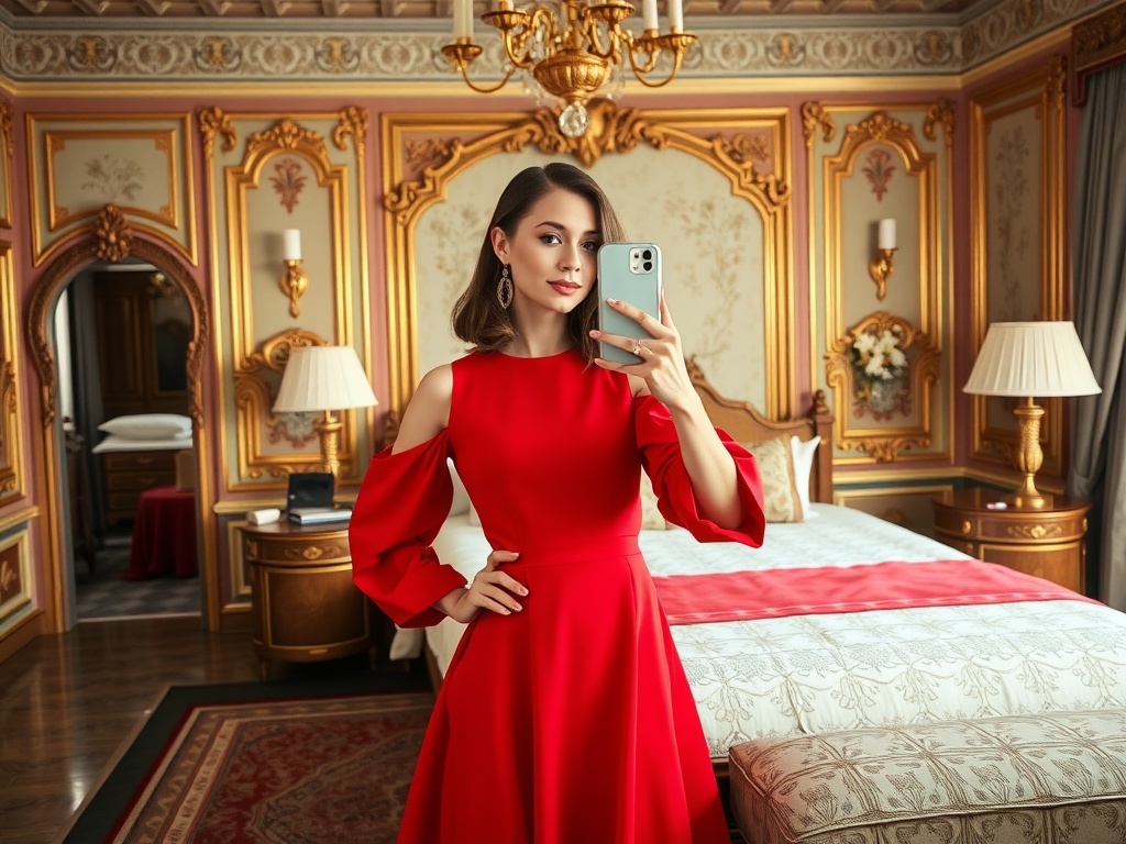A model wearing an A-line red dress with statement sleeves in a luxury bedroom.