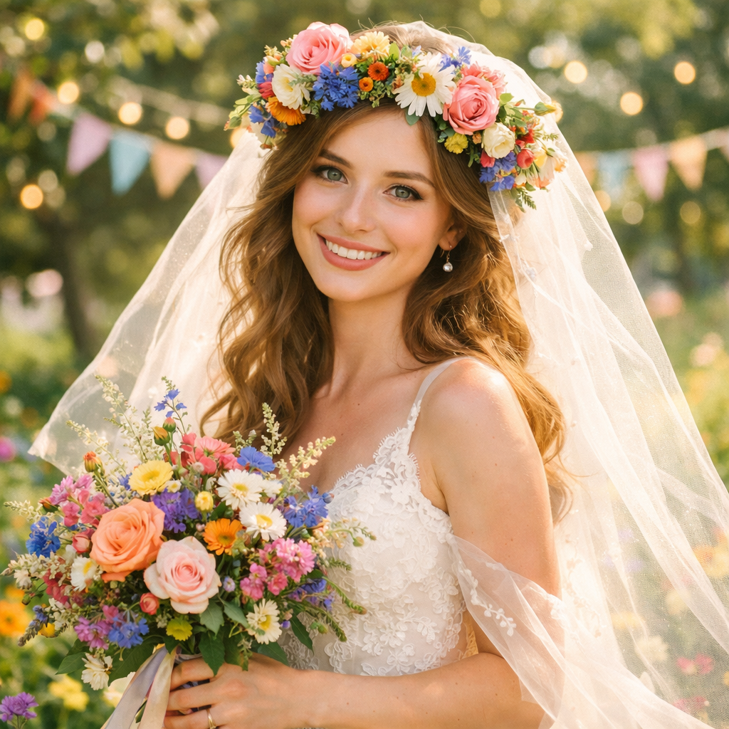 A bride wearing a whimsical veil and colorful floral crown, surrounded by flowers.