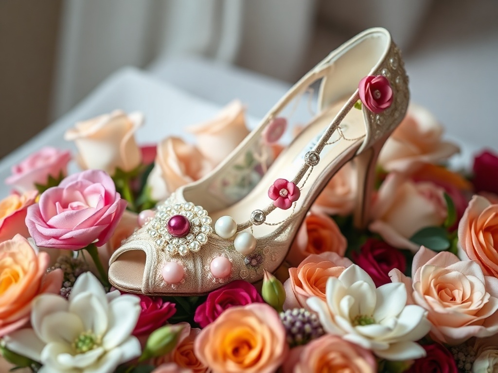 Close-up of a bridal shoe adorned with floral beads and placed on a bed of colorful roses.