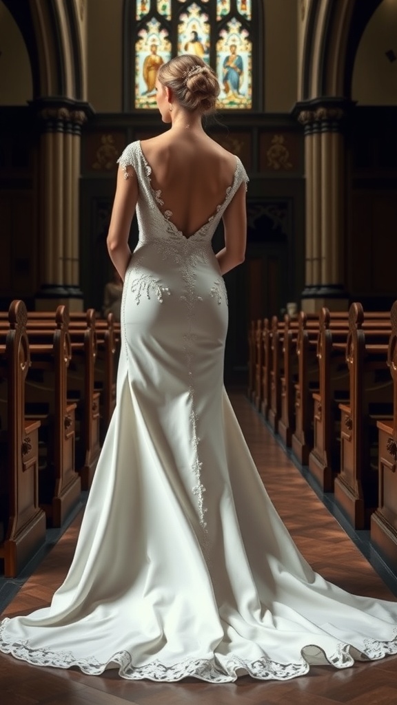 Elegant wedding dress with vintage-inspired pearl detailing on the back.
