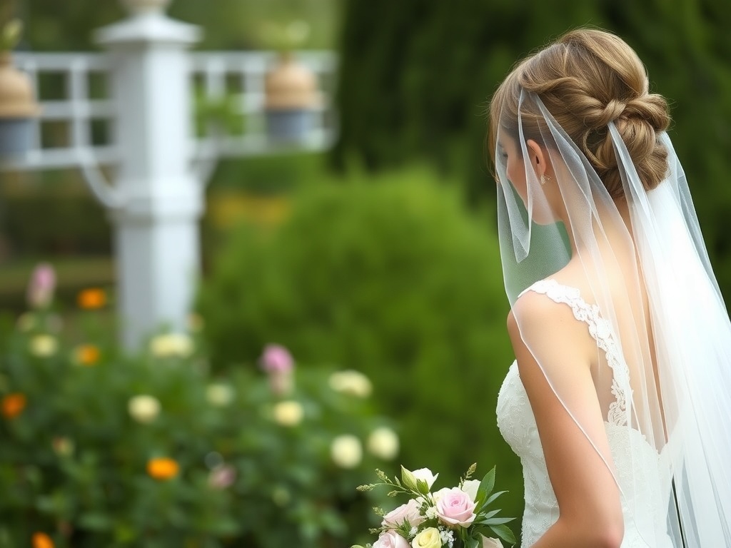 Bridal half-up hairstyle with a veil, showcasing soft waves and a floral bouquet.